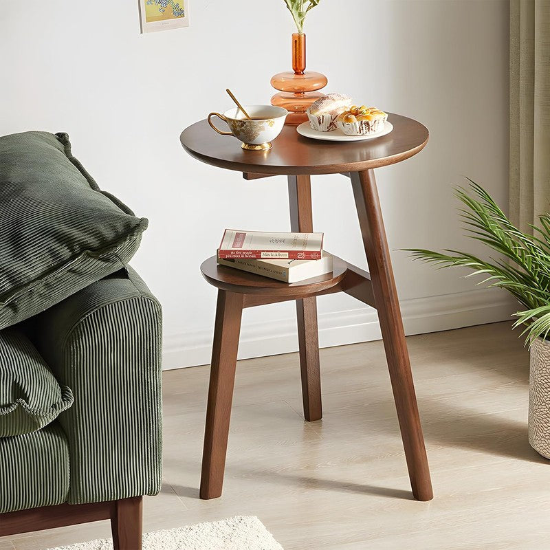 Side Table, 2-Tier Round End Tables Living Room (W Walnut - front view