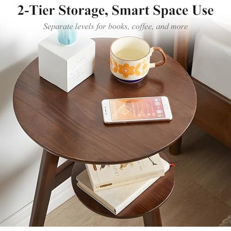 Side Table, 2-Tier Round End Tables Living Room (W Walnut - packaging