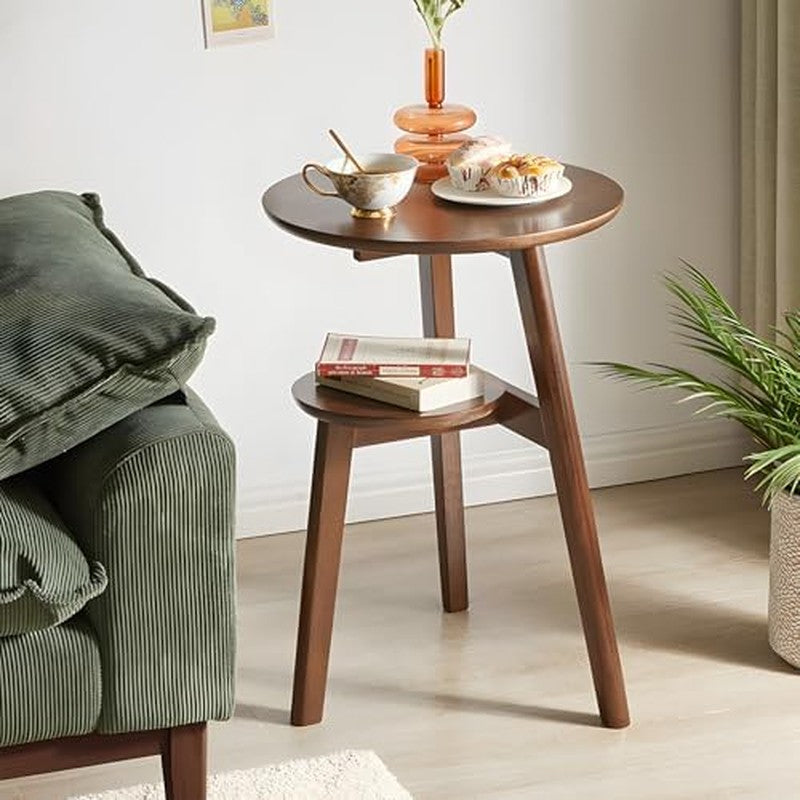 Side Table, 2-Tier Round End Tables Living Room (W Walnut - side angle