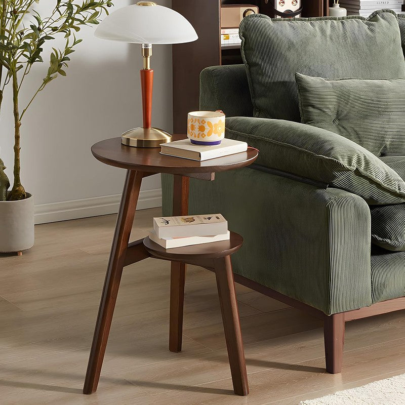 Side Table, 2-Tier Round End Tables Living Room (W Walnut - fabric and fit