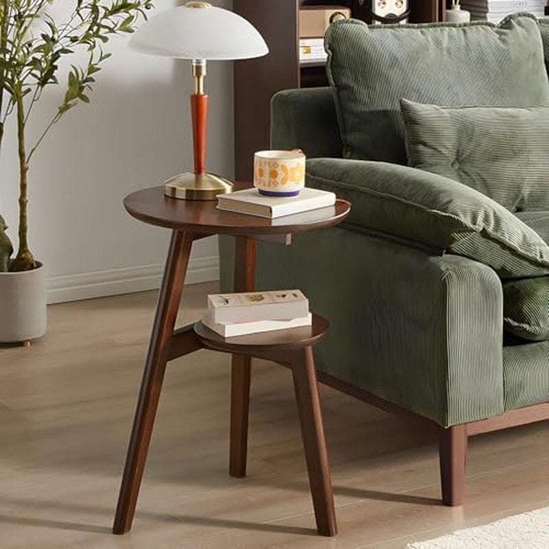 Side Table, 2-Tier Round End Tables Living Room (W Walnut - back view
