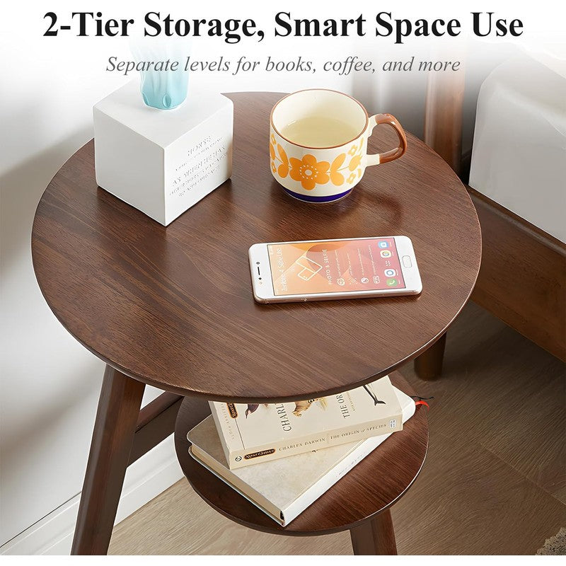Side Table, 2-Tier Round End Tables Living Room (W Walnut - lifestyle look