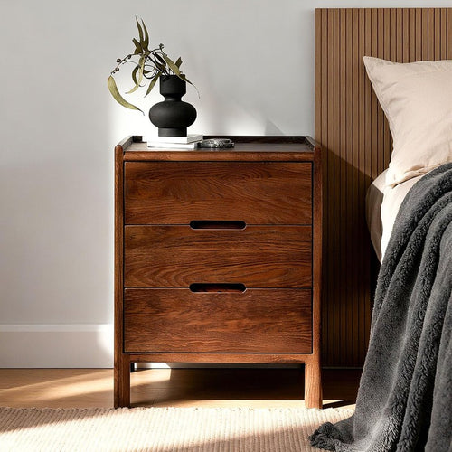 Nightstand, Solid Wood Small End Table w/3 Drawers Walnut - front view